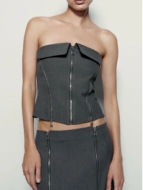 Zara Charcoal Gray Strapless Zip-Front Corset Top